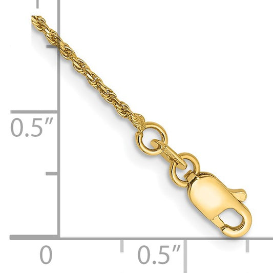 14KT Yellow Gold 10 inch 1.15mm Diamond-cut Machine Made Rope with Lobster Clasp Anklet