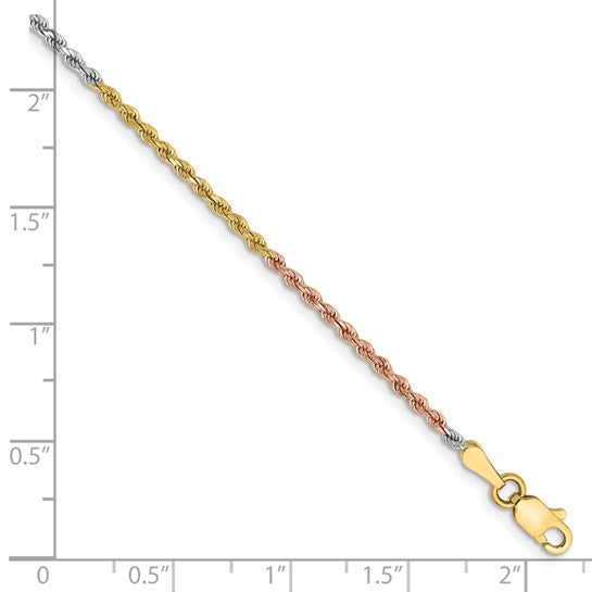 14KT Tri-colored 10 inch 1.75mm Diamond-cut Rope with Lobster Clasp Anklet