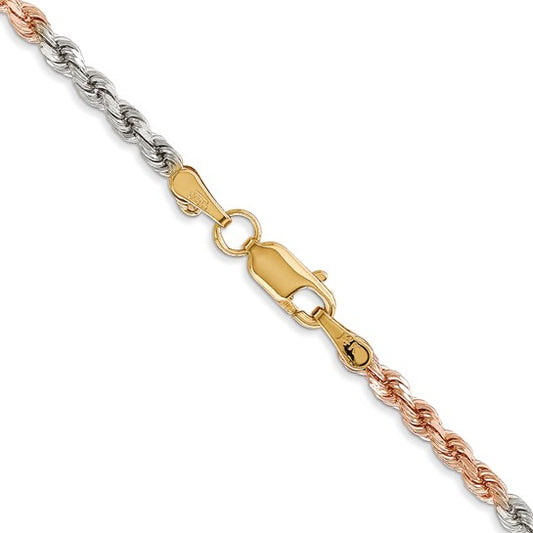 14KT Tri-colored 16 inch 2.9mm Diamond-cut Rope with Lobster Clasp Chain