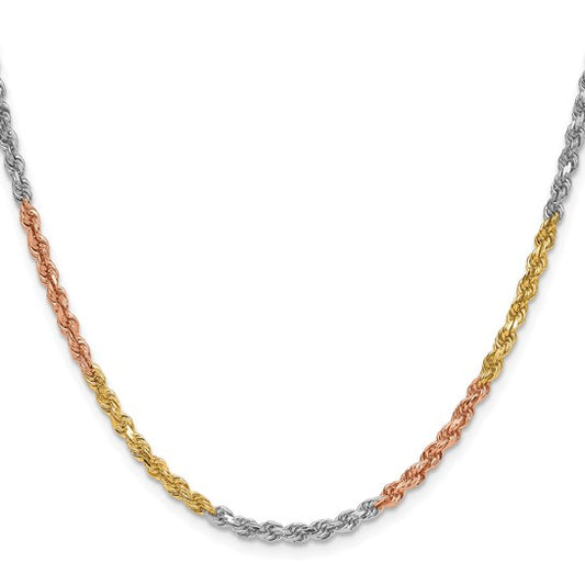 14KT Tri-colored 24 inch 3mm Diamond-cut Rope with Lobster Clasp Chain