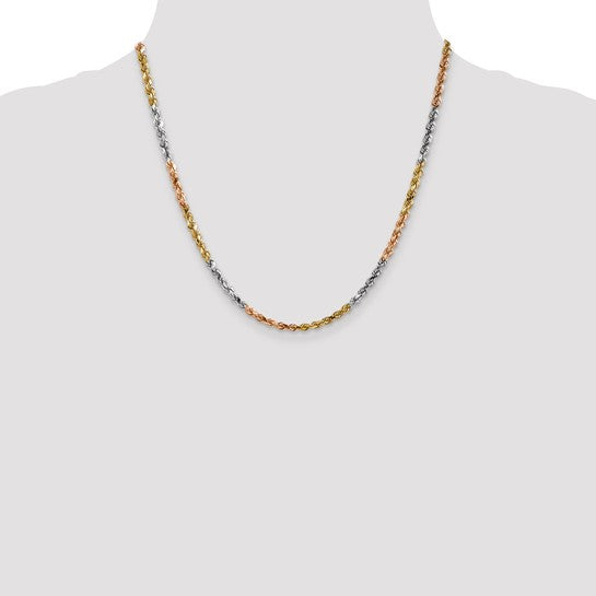 14KT Tri-colored 20 inch 4mm Diamond-cut Rope with Lobster Clasp Chain