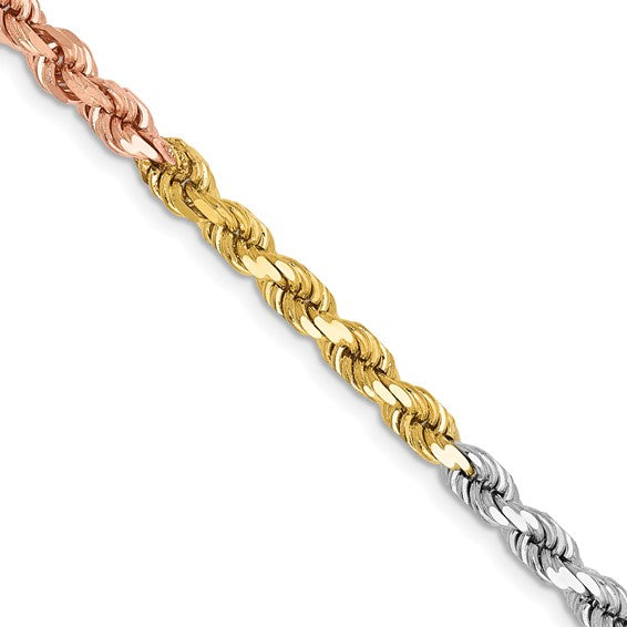 14KT Tri-colored 20 inch 4mm Diamond-cut Rope with Lobster Clasp Chain