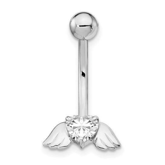 10kt White Gold W/Cz Heart/Angel Wings Belly Dangle