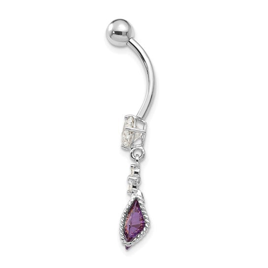 10kt White Gold Square Amethyst CZ Belly Dangle