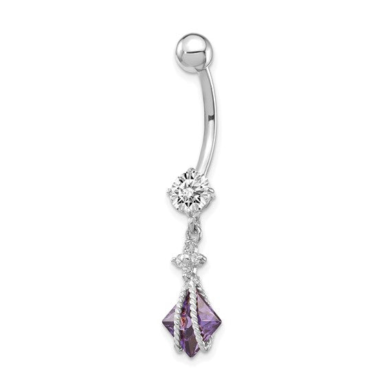 10kt White Gold Square Amethyst CZ Belly Dangle