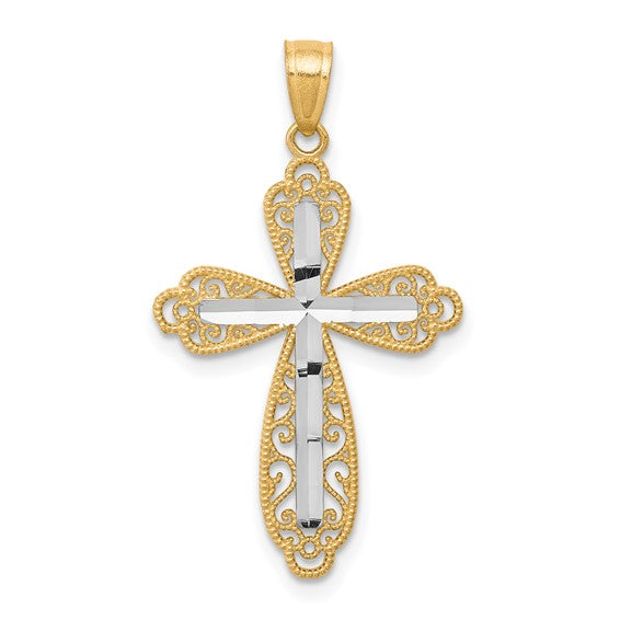 10kt Yellow Gold w/ Rhodium Diamond-Cut Cross Pendant