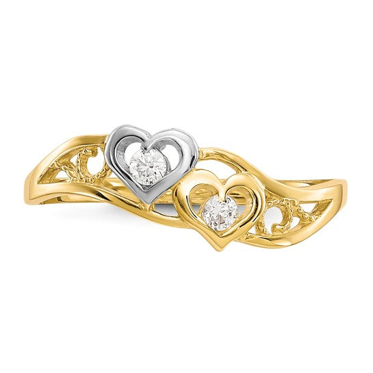 10KT Yellow Gold w/Rhodium Double Heart CZ Ring