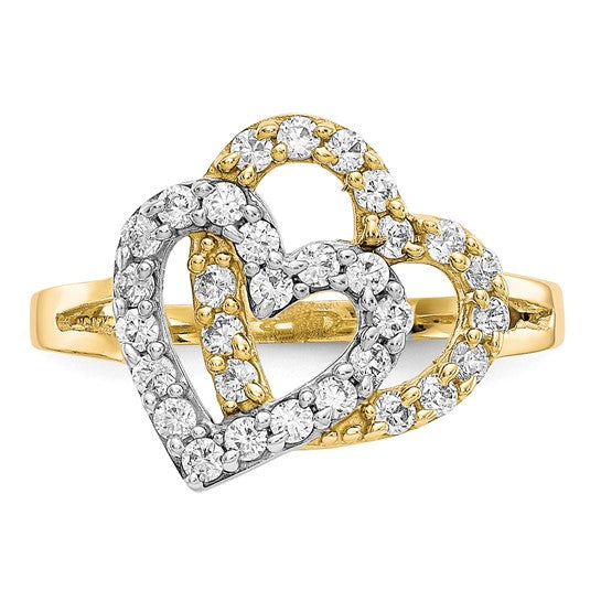 10KT Yellow Gold w/Rhodium Double Heart CZ Ring