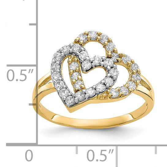 10KT Yellow Gold w/Rhodium Double Heart CZ Ring
