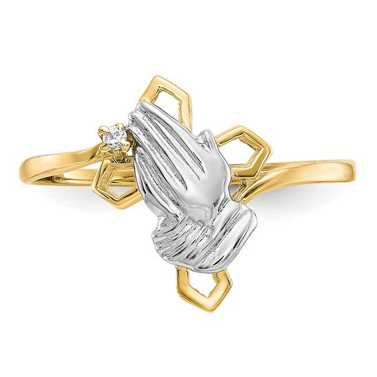 10kt Yellow Gold & Rhodium Praying Hands CZ w/Cross Ring