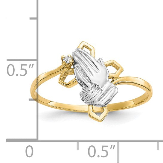 10kt Yellow Gold & Rhodium Praying Hands CZ w/Cross Ring