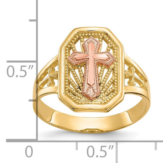 10kt Yellow Gold Two-tone Filigree Cross Ring