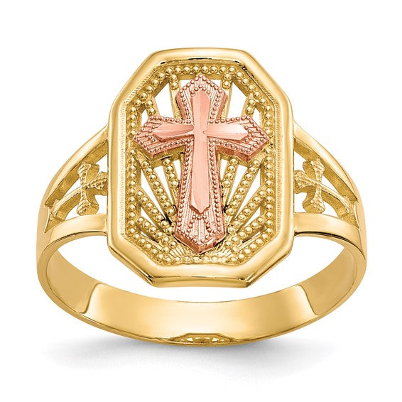 10kt Yellow Gold Two-tone Filigree Cross Ring