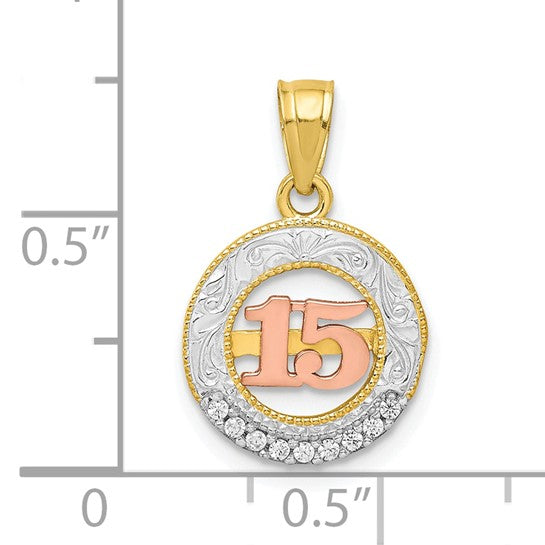 10KT Two-tone w/White Rhodium CZ 15 Round Pendant