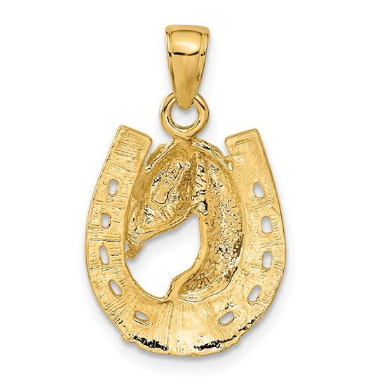 10kt Yellow Gold Solid Polished Horse Head in Horseshoe Pendant