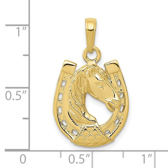 10kt Yellow Gold Solid Polished Horse Head in Horseshoe Pendant
