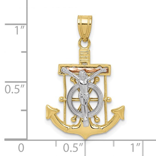 10kt Tri-color Diamond-cut w/Textured Mariner's Cross Pendant