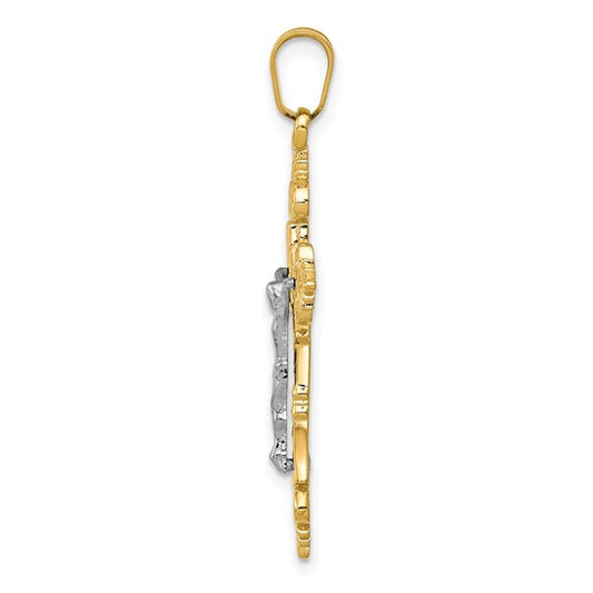 10KT Two-tone Medium Lacey-edged INRI Crucifix Pendant