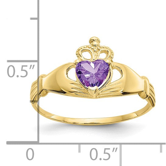 10kt Yellow Gold CZ February Birthstone Claddagh Heart Ring