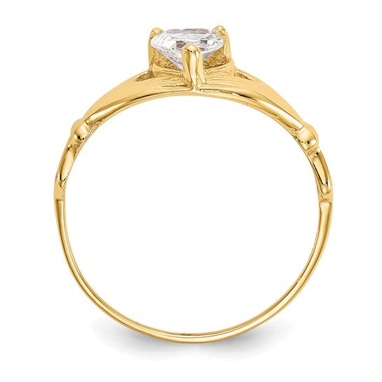 10kt Yellow Gold CZ April Birthstone Claddagh Heart Ring