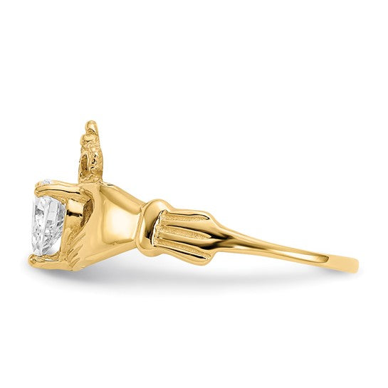 10kt Yellow Gold CZ April Birthstone Claddagh Heart Ring