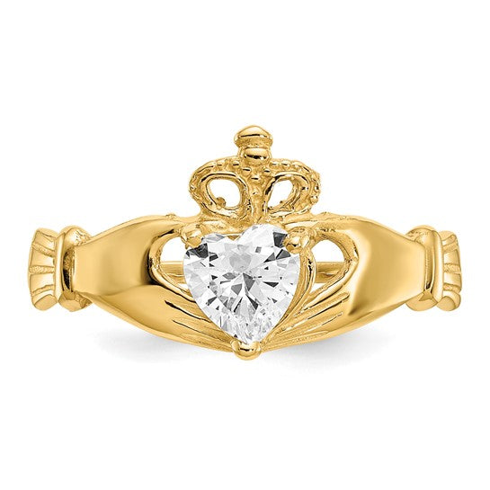 10kt Yellow Gold CZ April Birthstone Claddagh Heart Ring