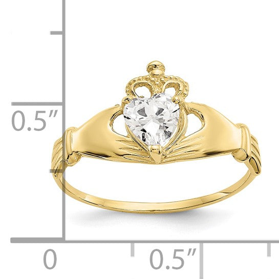 10kt Yellow Gold CZ April Birthstone Claddagh Heart Ring