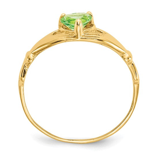 10kt Yellow Gold CZ August Birthstone Claddagh Heart Ring