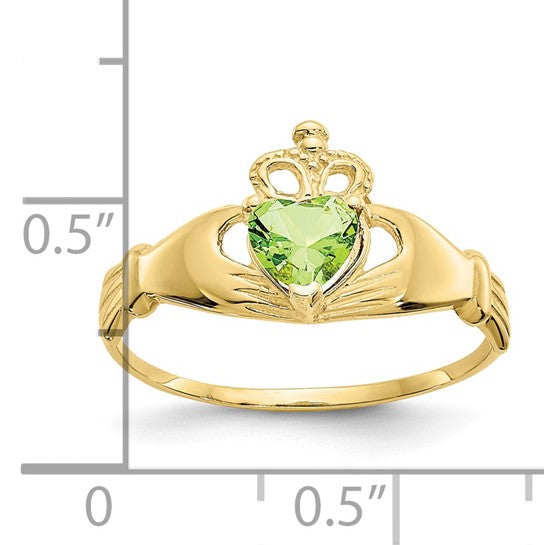 10kt Yellow Gold CZ August Birthstone Claddagh Heart Ring