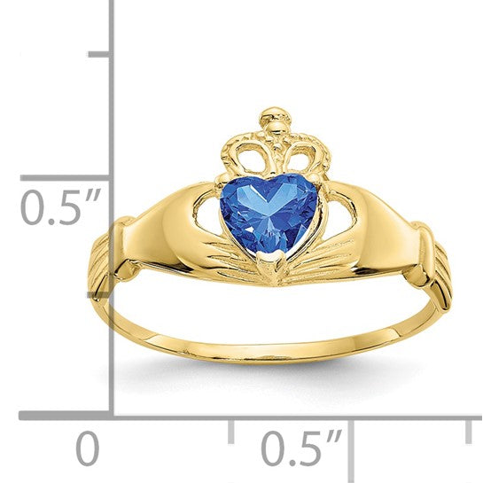 10kt Yellow Gold CZ September Birthstone Claddagh Heart Ring
