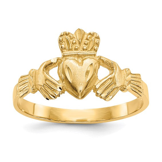 10kt Yellow Gold Satin & Diamond-cut Claddagh Ring