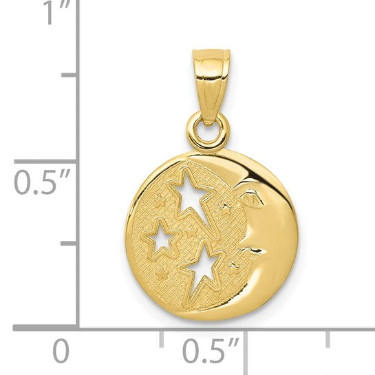 10kt Yellow Gold Polished Flat-Backed Moon with Three Stars Pendant