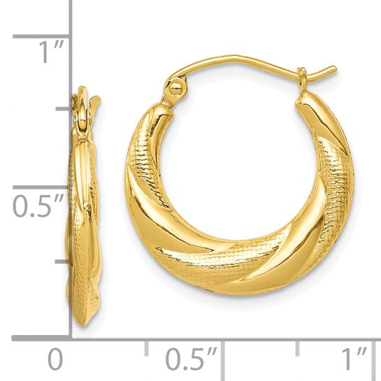 10KT Yellow Gold Textured Scalloped Hollow Hoop Earrings