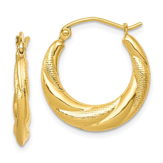 10KT Yellow Gold Textured Scalloped Hollow Hoop Earrings