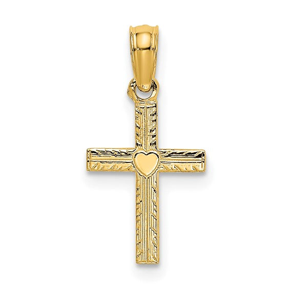 10KT Yellow Gold Polished Mini Cross w/ Heart Charm