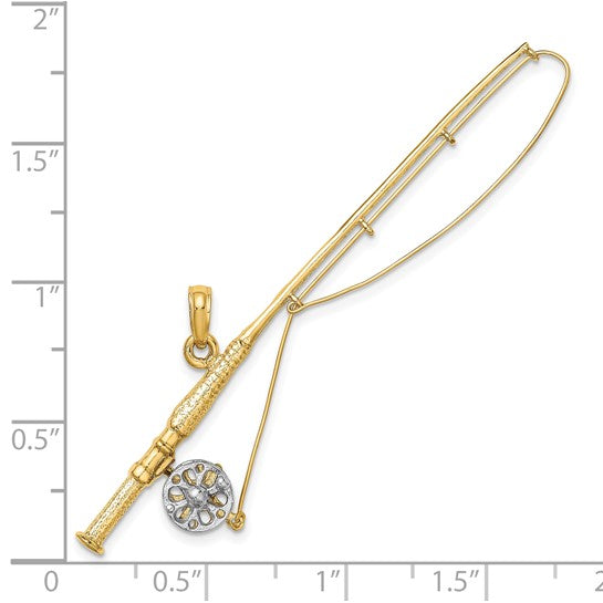 10kt Yellow Gold w/Rhodium 3-D Fly Rod Fishing Pole Charm