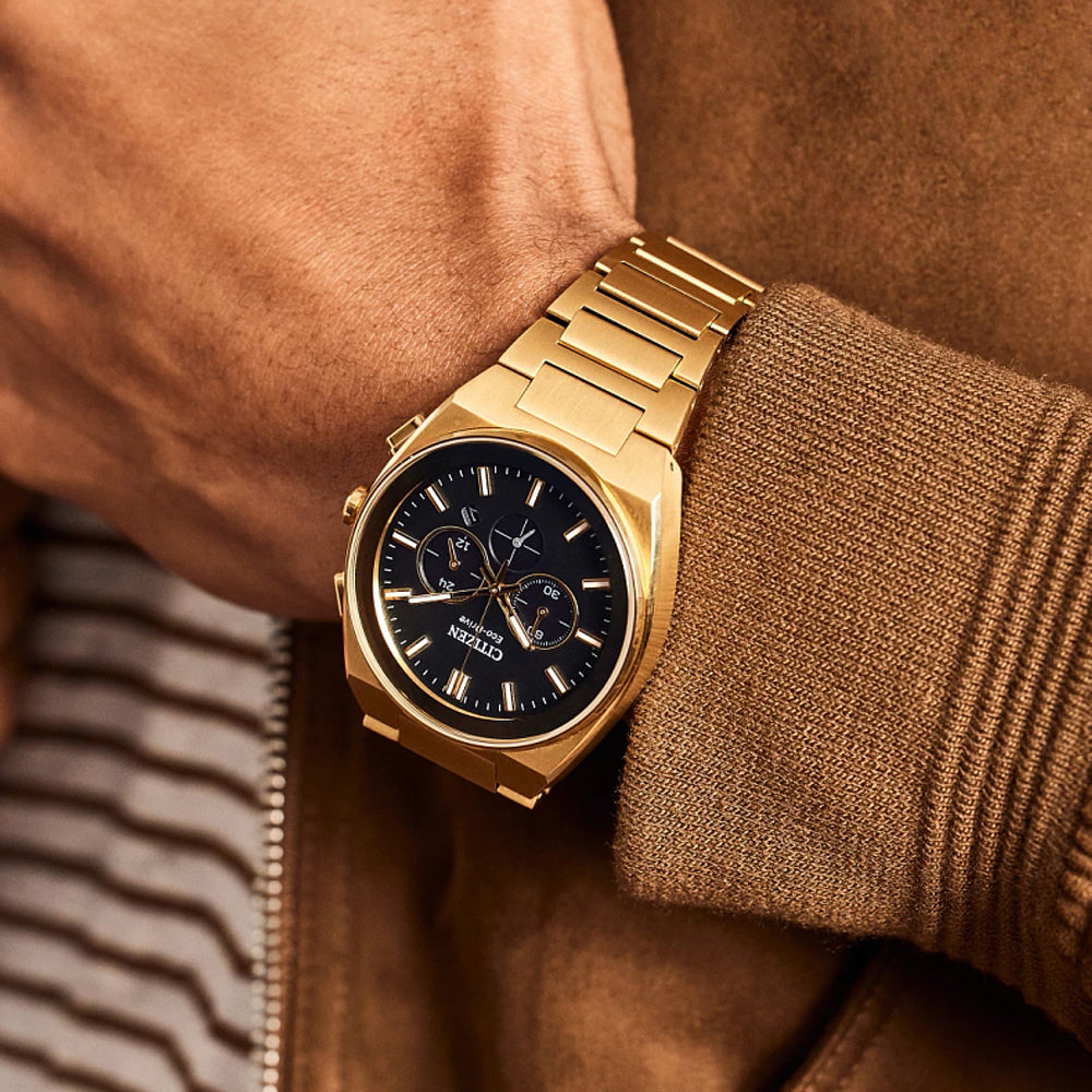 Men's Citizen Eco-Drive® Axiom Chronograph Gold-Tone Watch with Black Dial (Model: CA4582-54E)