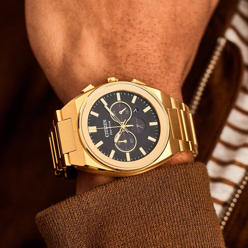 Men's Citizen Eco-Drive® Axiom Chronograph Gold-Tone Watch with Black Dial (Model: CA4582-54E)