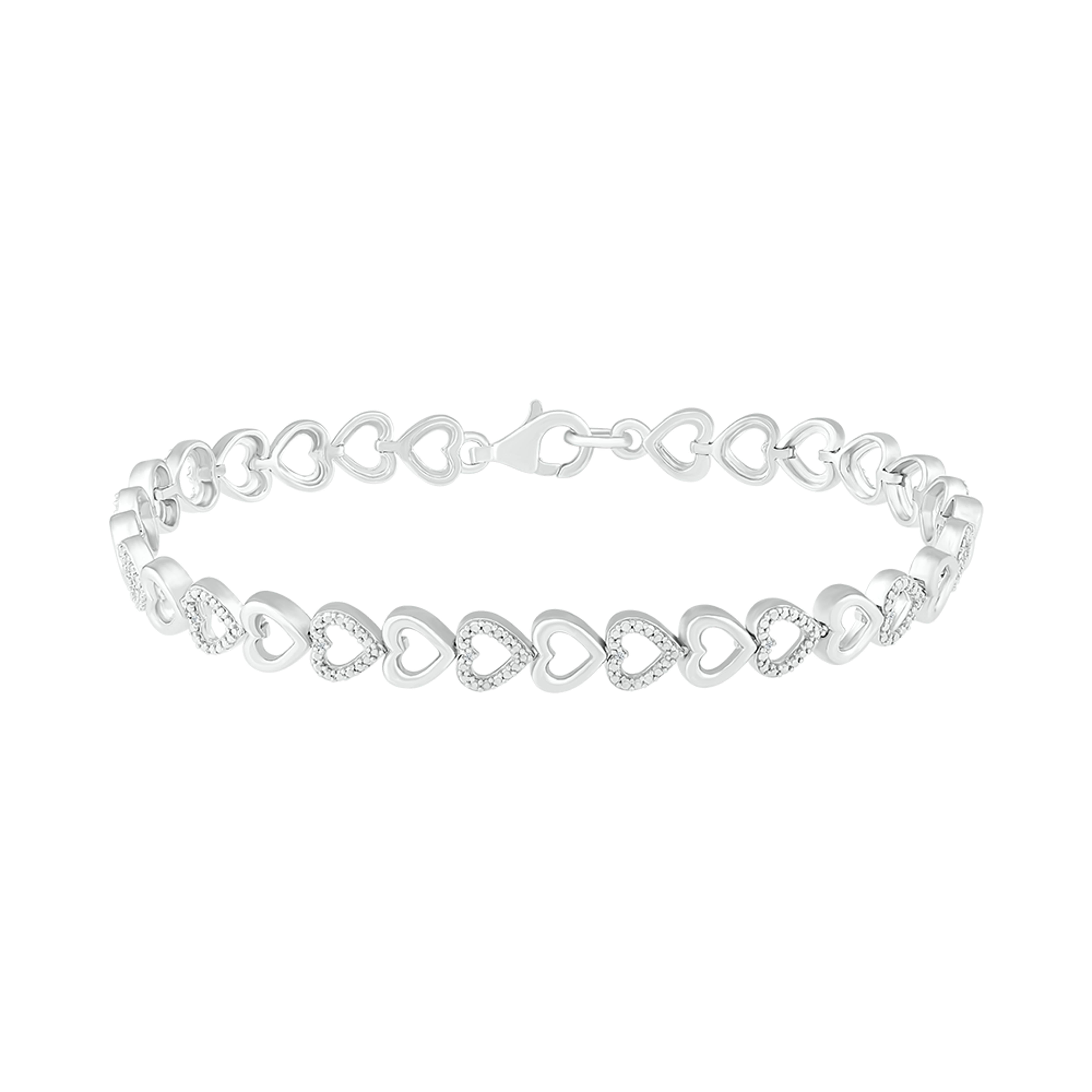 925 Sterling Silver 0.05 CTW Diamond Heart Bracelet 7.5 Inch