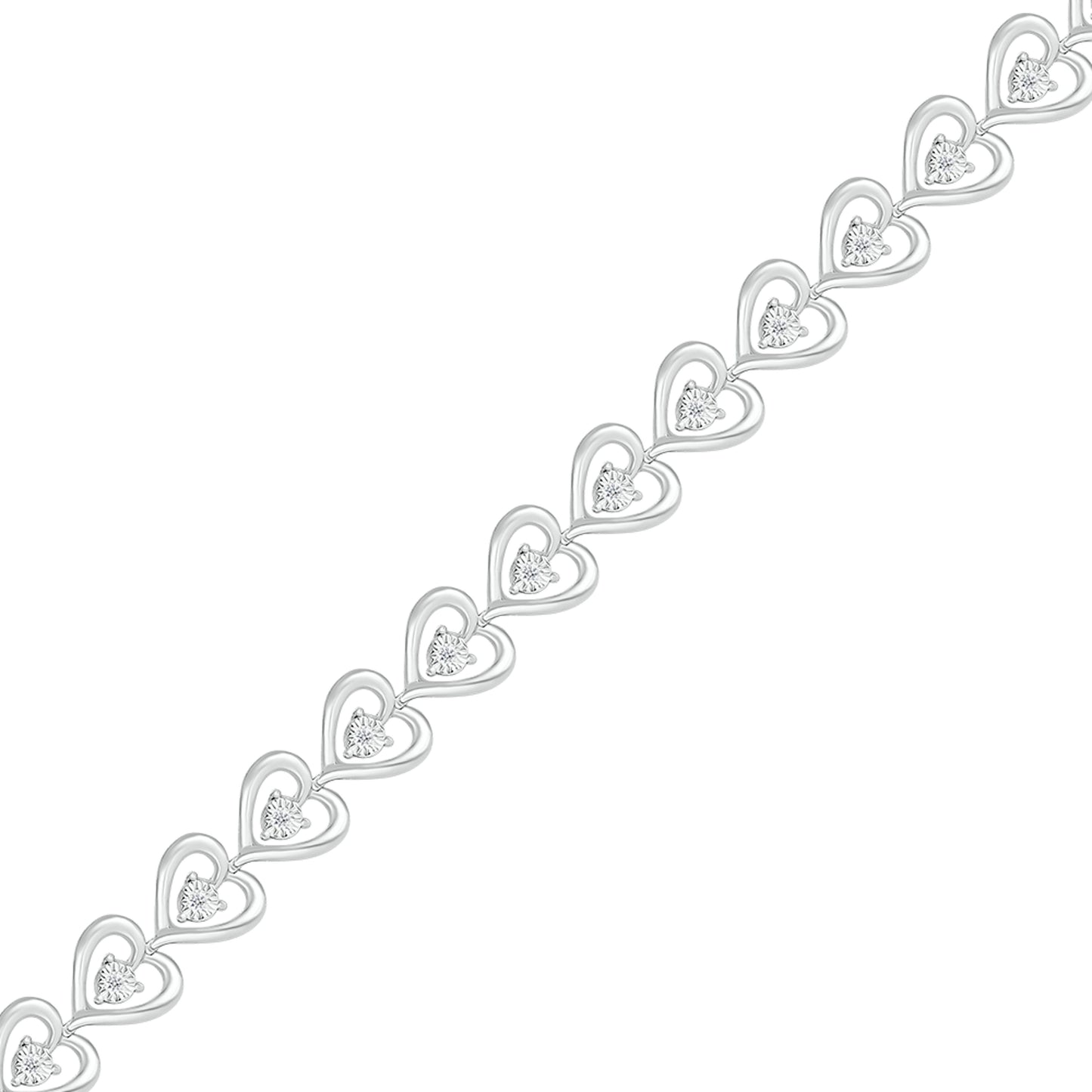 925 Sterling Silver 0.10 CTW Diamond Heart Bracelet 7.5 Inch