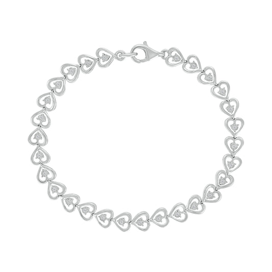 925 Sterling Silver 0.10 CTW Diamond Heart Bracelet 7.5 Inch