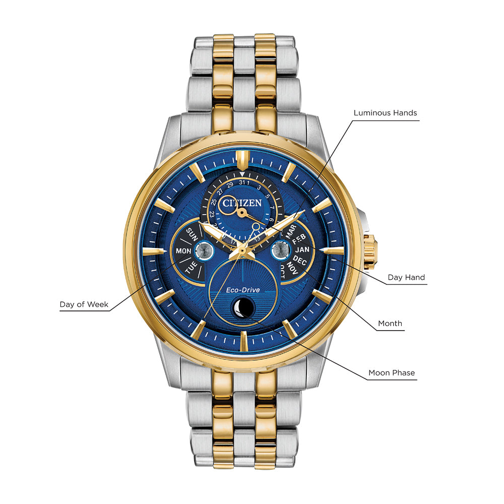 Men's Citizen Eco-Drive® Calendrier Chronograph Two-Tone Watch with Blue Dial (Model: BU0054-52L)