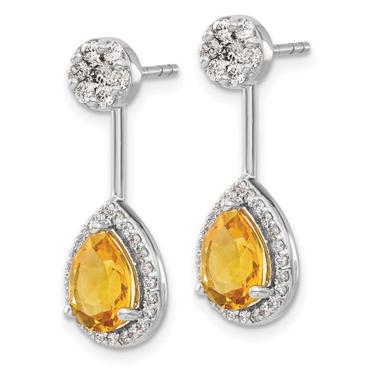 14kt White Gold Diamond/Pear Citrine Front/Back Earrings
