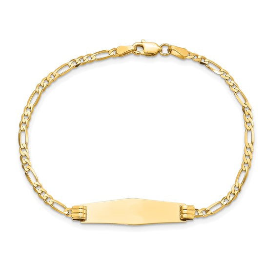 14kt Yellow Gold Polished Solid Chain/Solid Plate Figaro Link Soft Diamond Shape 24.5x7.3mm Plate 7 inch ID Bracelet