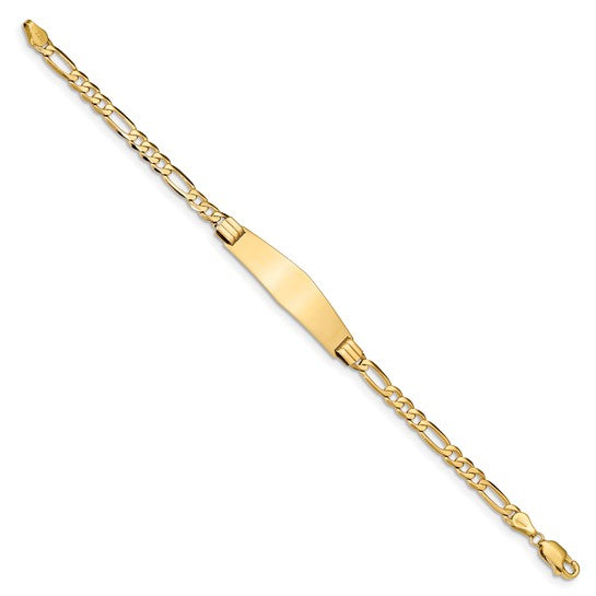 14kt Yellow Gold Polished Solid Chain/Solid Plate Figaro Link Soft Diamond Shape 33x9mm Plate 7 inch ID Bracelet