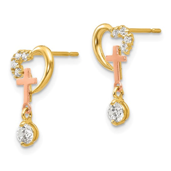14kt  Madi K Two-tone CZ Children's Cross & Heart Post Earrings
