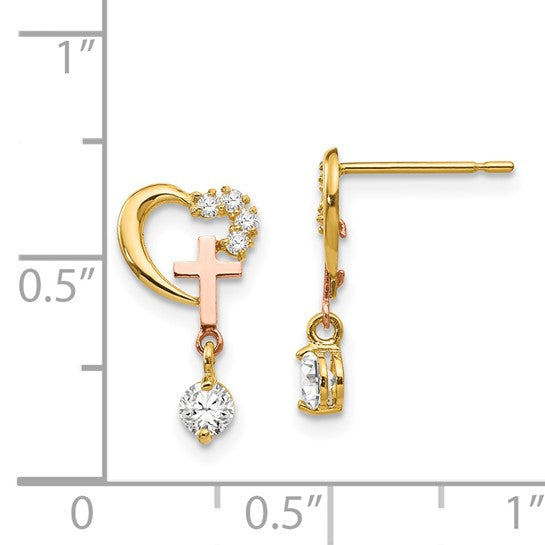 14kt  Madi K Two-tone CZ Children's Cross & Heart Post Earrings