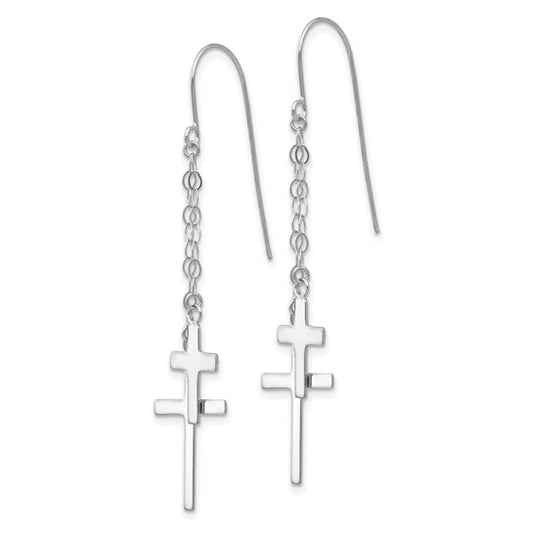 14KT White Gold Chain Dangle Cross Shepherd Hook Earrings