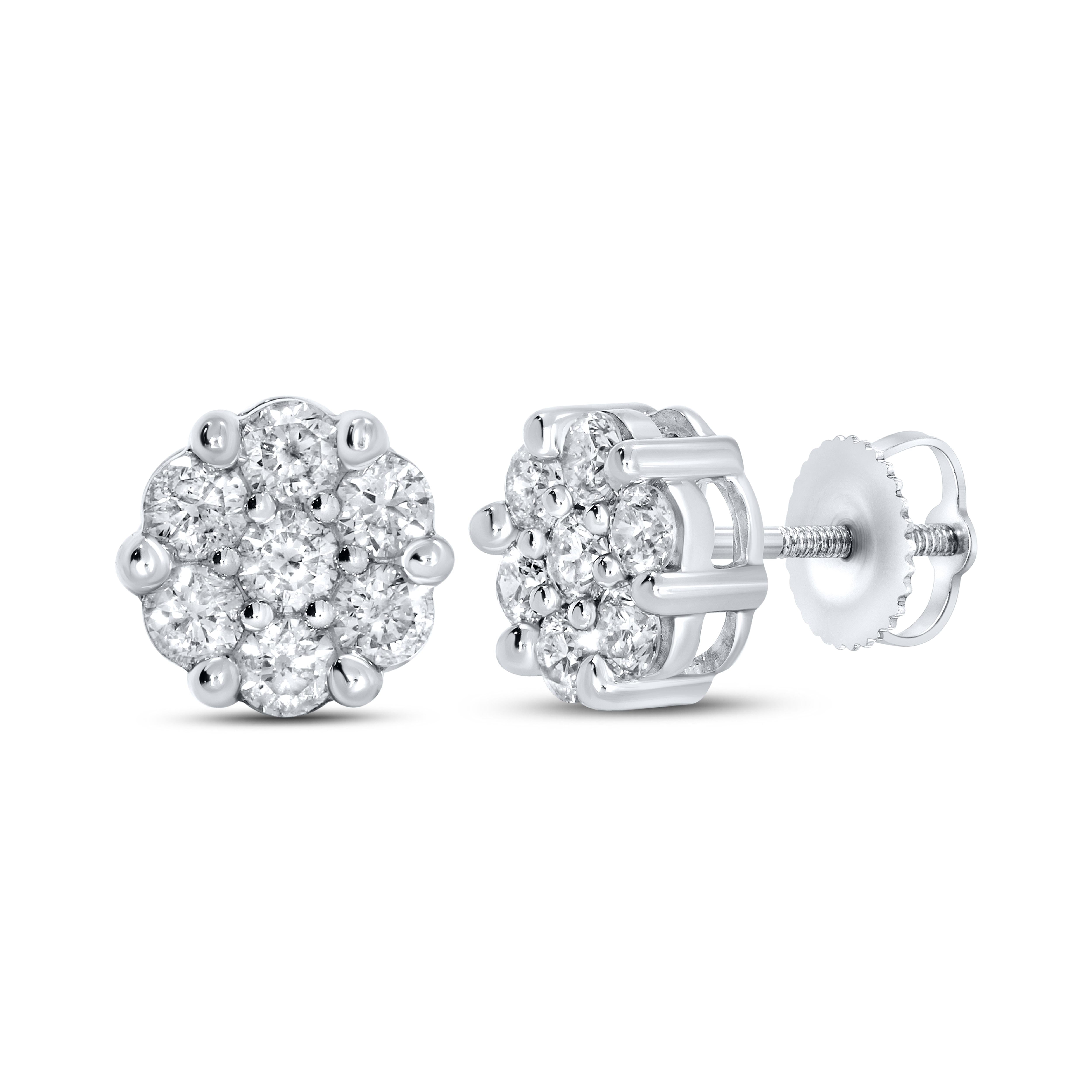 10K WHITE GOLD 0.99 CTW DIAMOND FLOWER EARRINGS