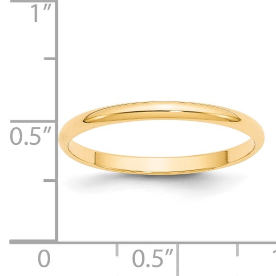 14kt Yellow Gold 2mm Lightweight Half Round Wedding Band Size 8